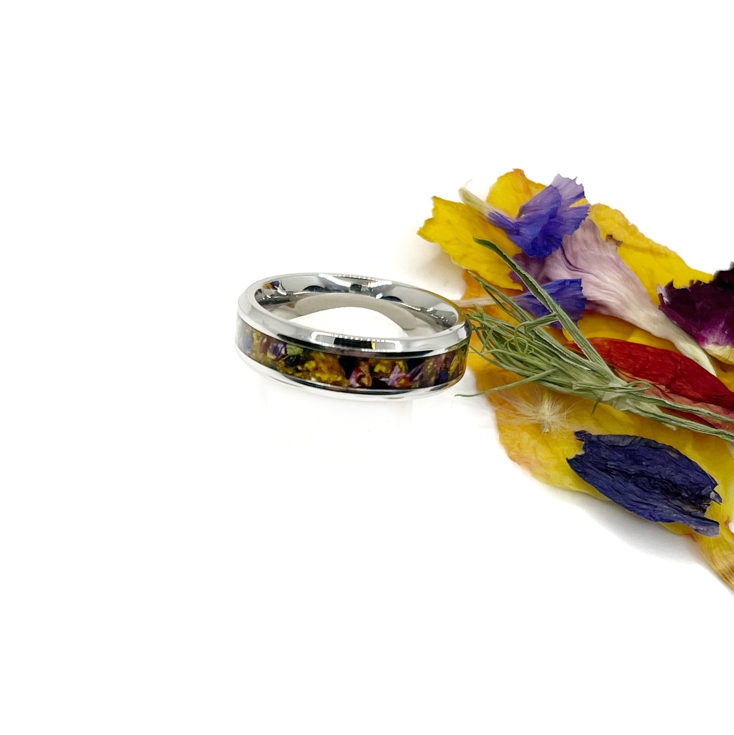 Memorial Funeral Flower Petal Jewelry or Cremation Channel Set Keepsake Ring / 423