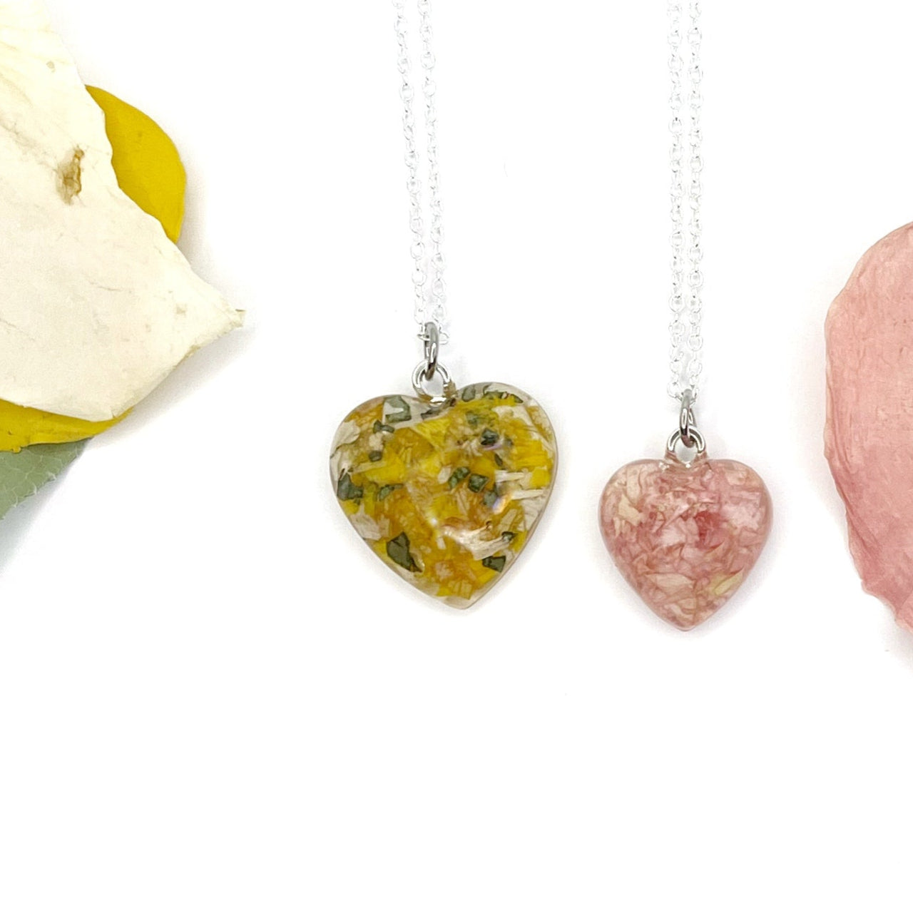 Memorial Funeral Flower Petal Clear Resin Heart Necklace / 324