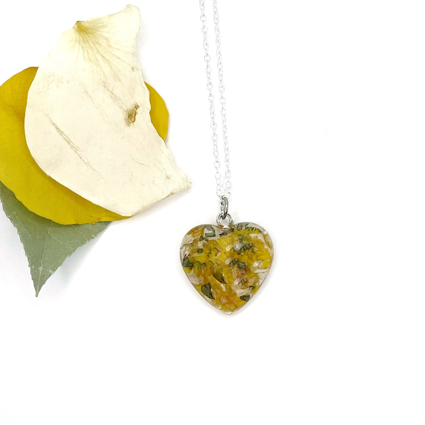 Memorial Funeral Flower Petal Clear Resin Heart Necklace / 324