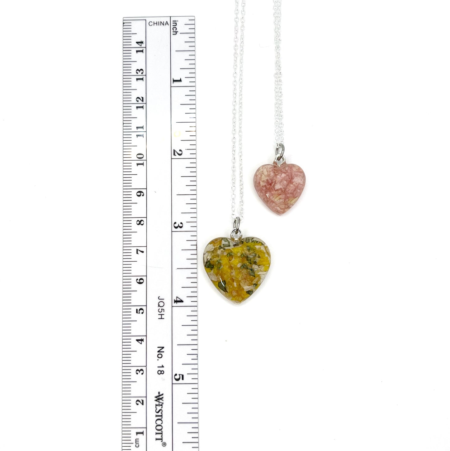 Memorial Funeral Flower Petal Clear Resin Heart Necklace / 324