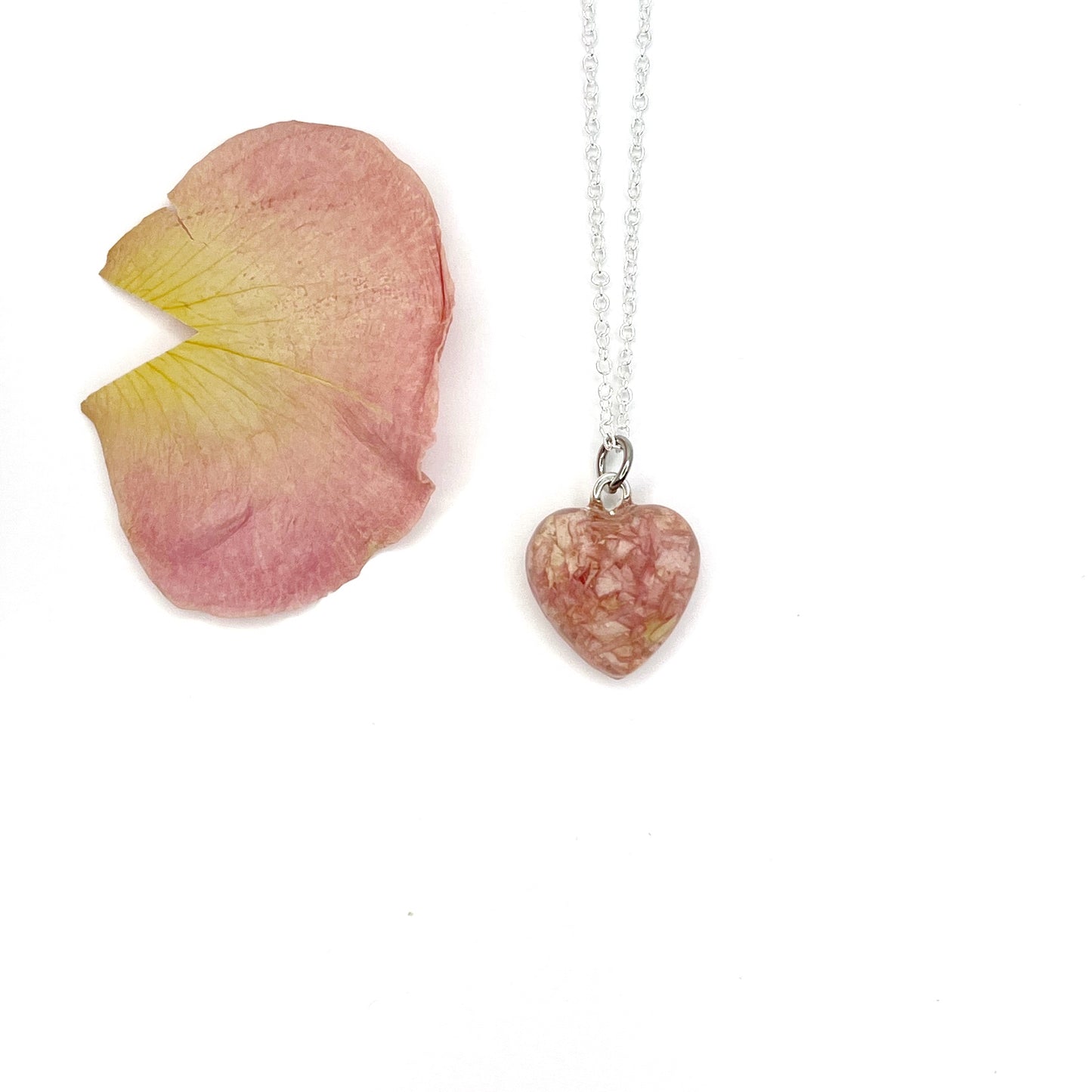 Memorial Funeral Flower Petal Clear Resin Heart Necklace / 324