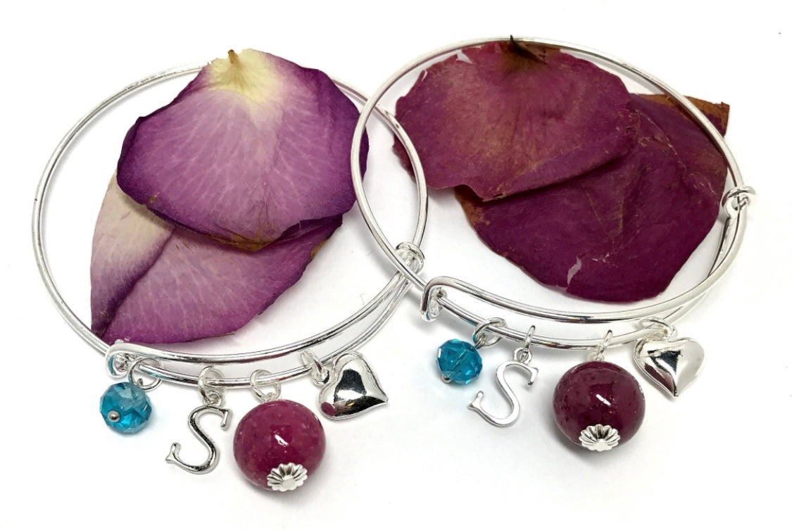 Flower petal keepsake jewelry / stackable bangle bracelet with charms, memorial jewelry  / 616
