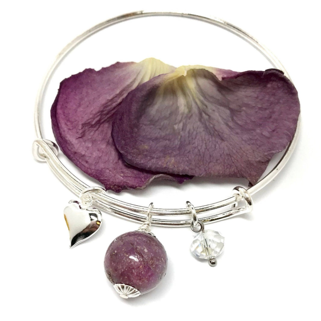 Flower petal keepsake jewelry / stackable bangle bracelet with charms, memorial jewelry  / 616
