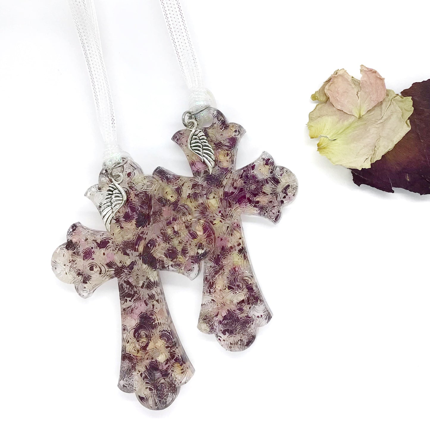 Memorial keepsake resin cross suncatcher with scrollwork, made from your flowers / 321