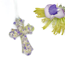 Load image into Gallery viewer, Memorial keepsake resin cross suncatcher with scrollwork, made from your flowers / 321

