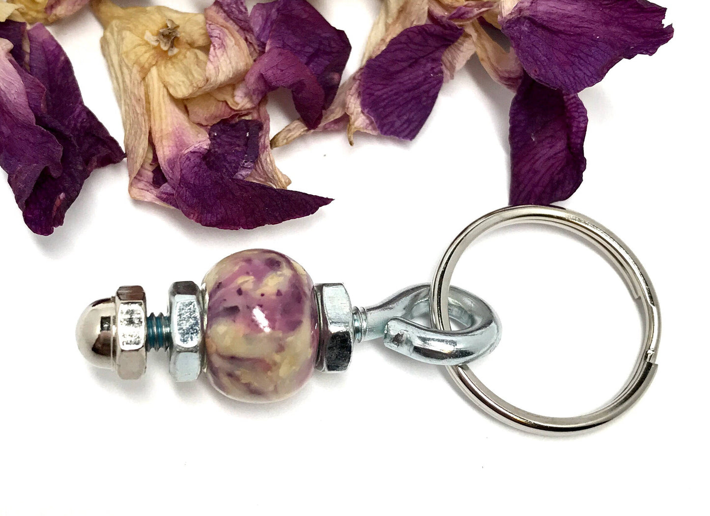 Memorial flower jewelry / Men's nuts and bolts key chain / 916