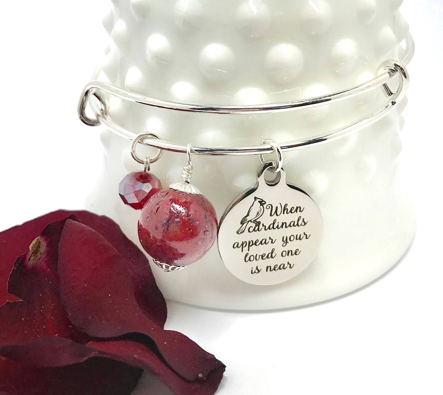When Cardinals Appear Memorial Flower Petal Jewelry Bangle Bracelet / 418