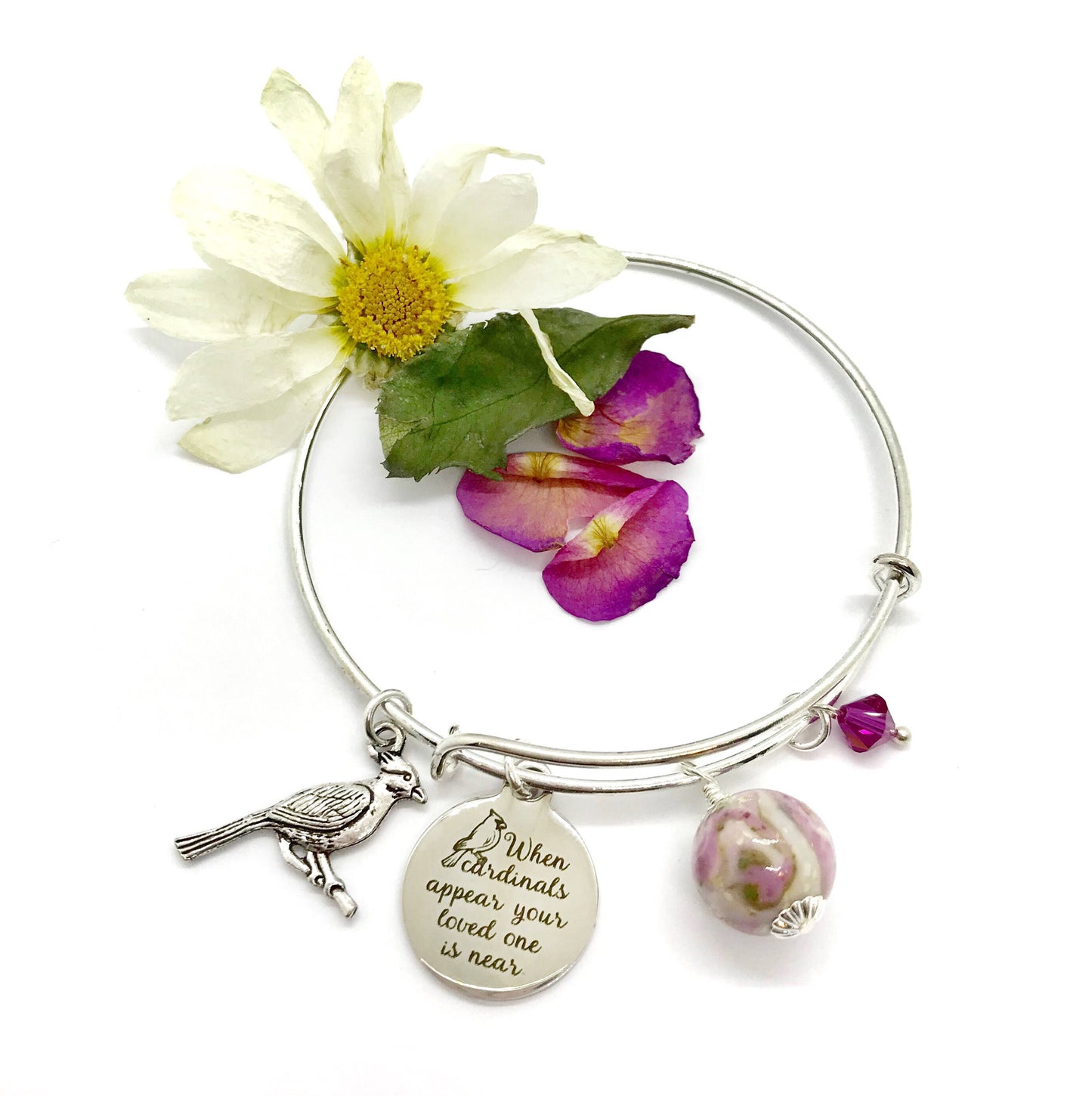 When Cardinals Appear Memorial Flower Petal Jewelry Bangle Bracelet / 418