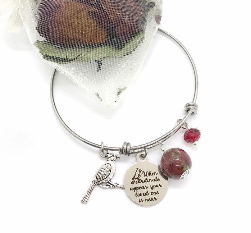 When Cardinals Appear Memorial Flower Petal Jewelry Bangle Bracelet / 418