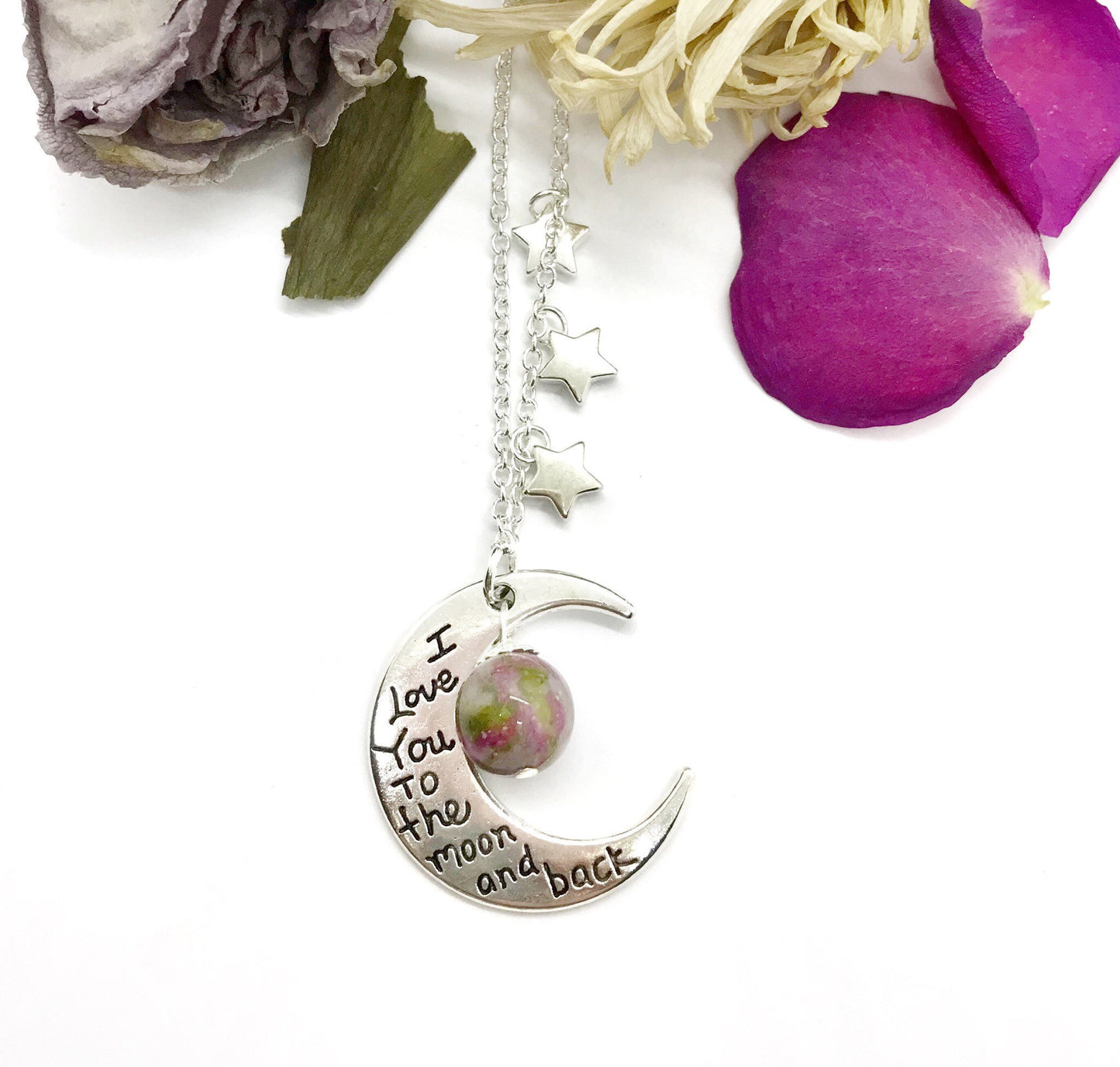 Memorial flower petal jewelry "Love you to the moon and back" handmade necklace / 1217