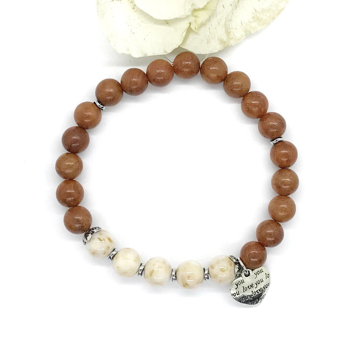 Memorial flower jewelry / Natural rosewood stretch bracelet  / 1719