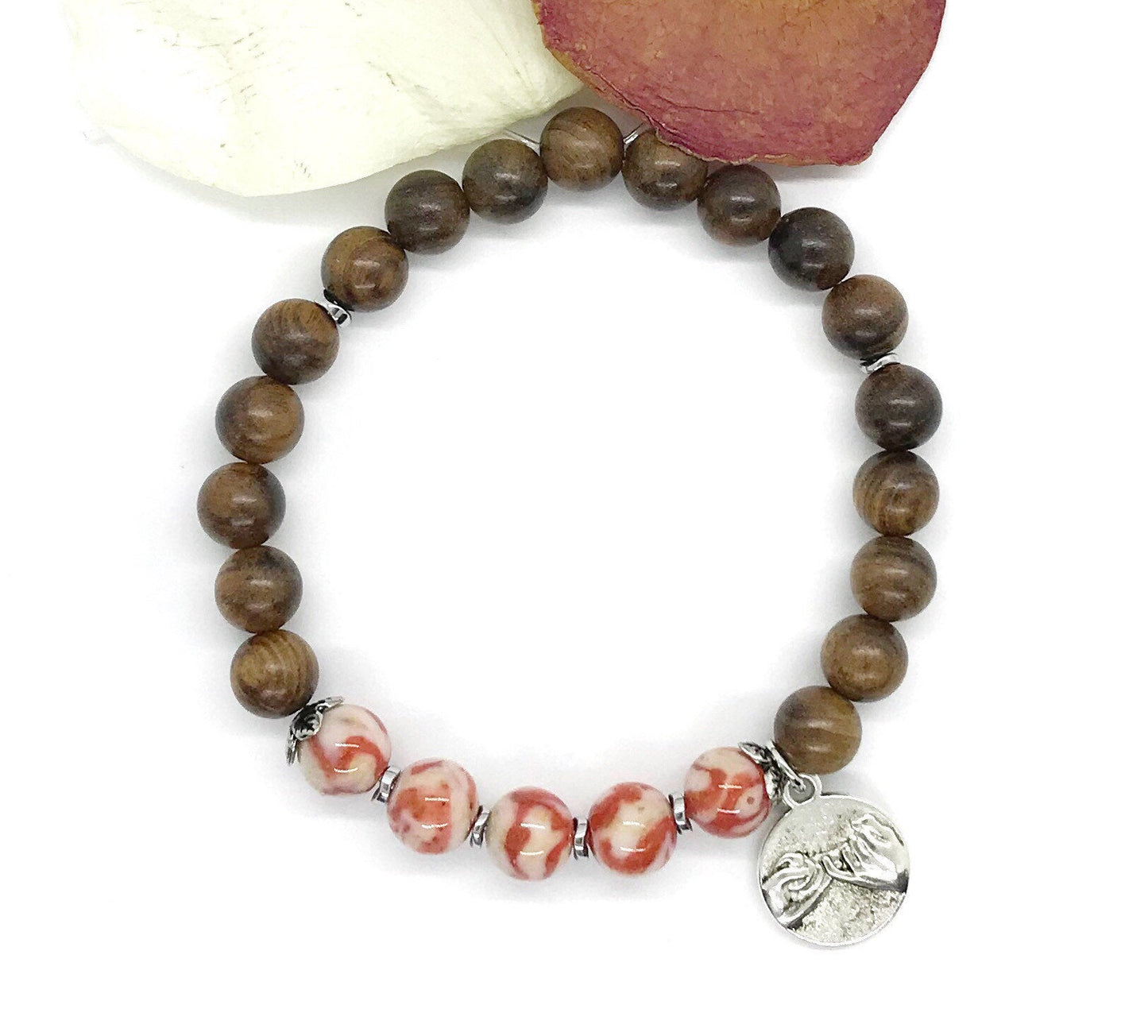 Memorial flower jewelry / Natural rosewood stretch bracelet  / 1719