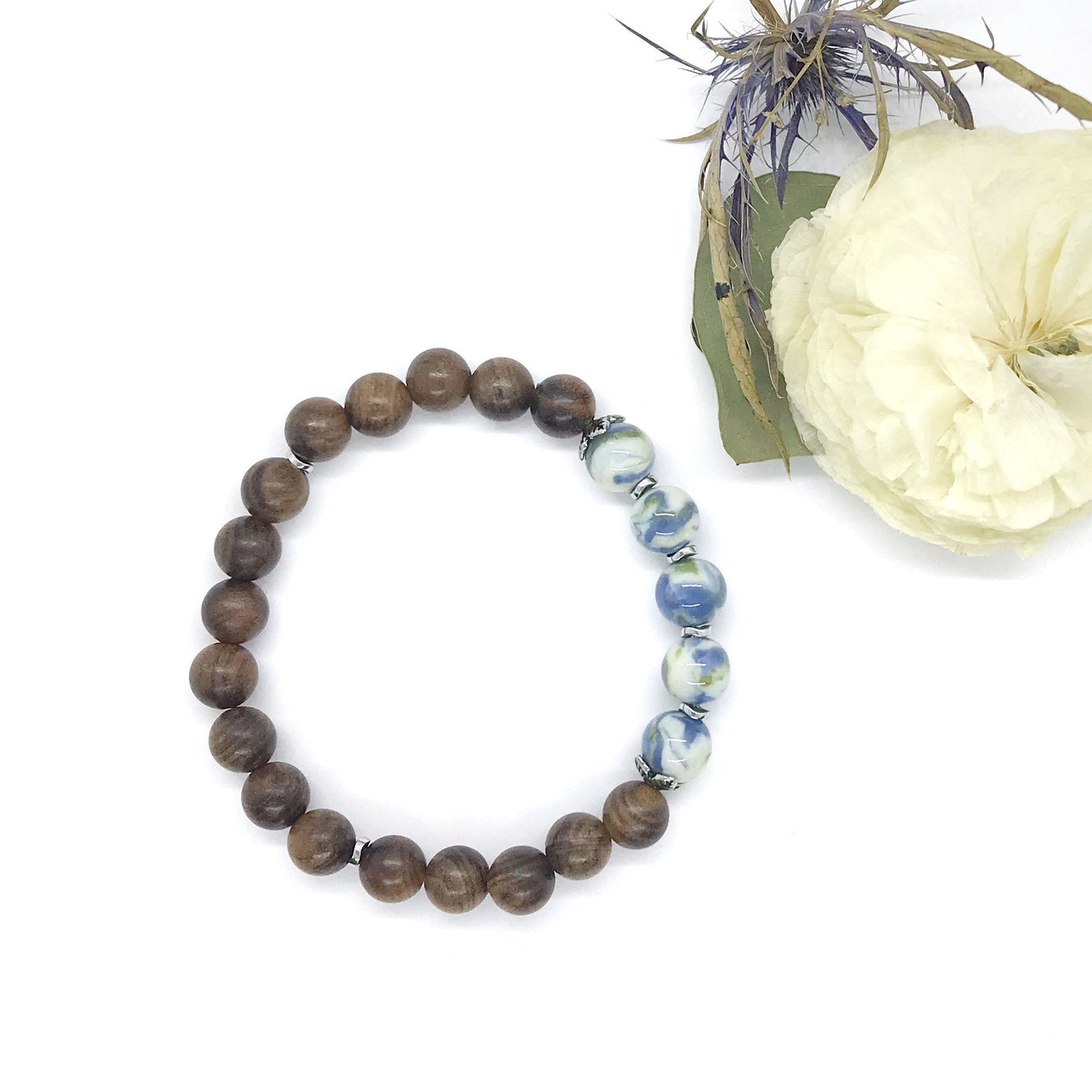 Memorial flower jewelry / Natural rosewood stretch bracelet  / 1719