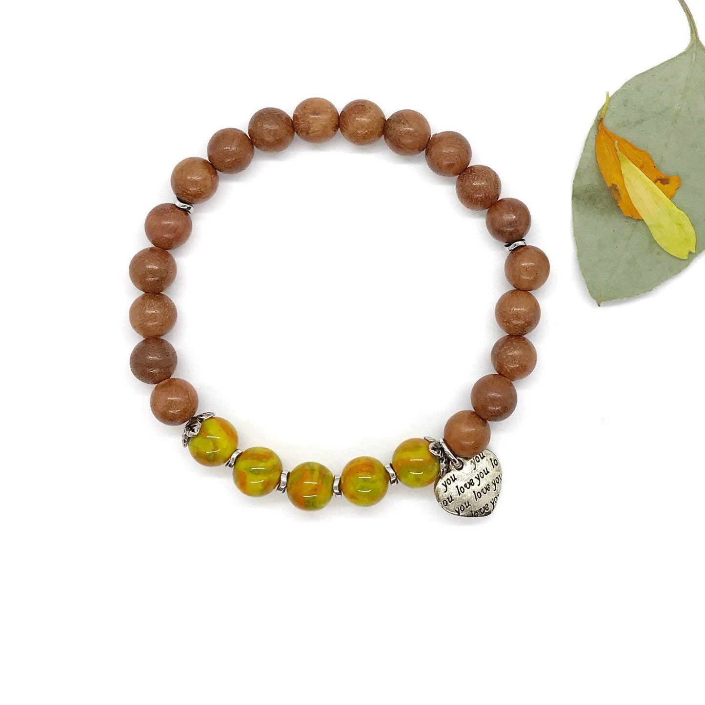 Memorial flower jewelry / Natural rosewood stretch bracelet  / 1719