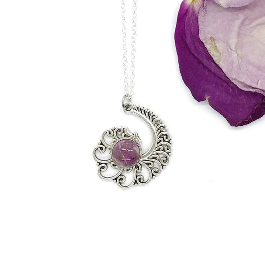 Memorial Flower Petal Necklace Scrolled Spiral Pendant / 620