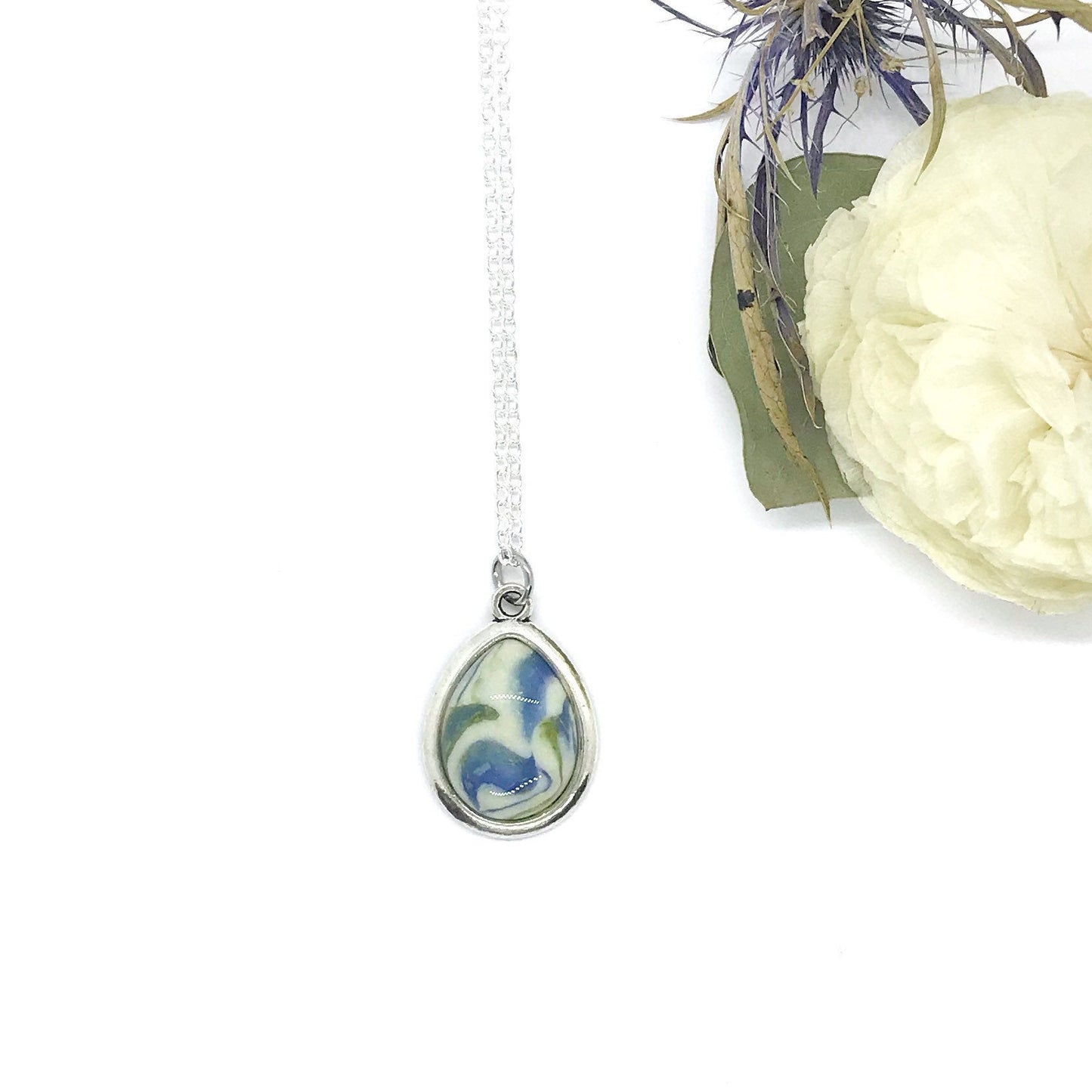 Silver Teardrop Memorial Flower Petal Necklace / 121