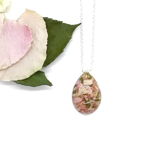 Memorial Flower Petal Jewelry / Teardrop Crystal Clear Resin Flower Petal Necklace  / 920
