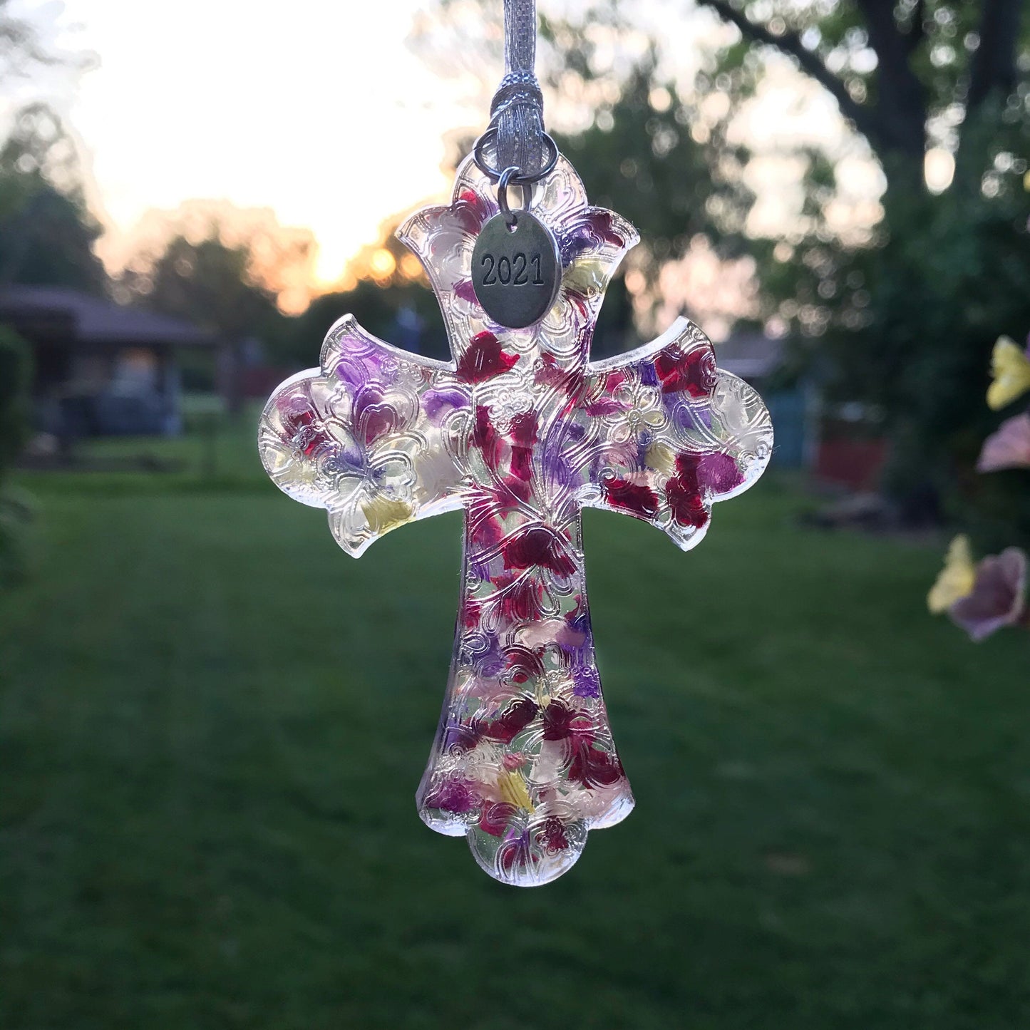 Memorial keepsake resin cross suncatcher with scrollwork, made from your flowers / 321