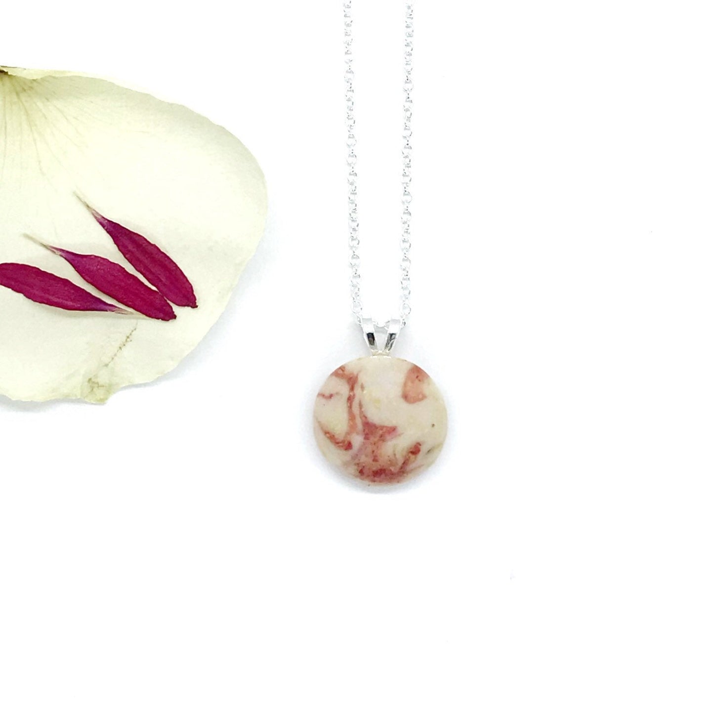 Memorial, Funeral or Wedding flower keepsake round necklace / 919