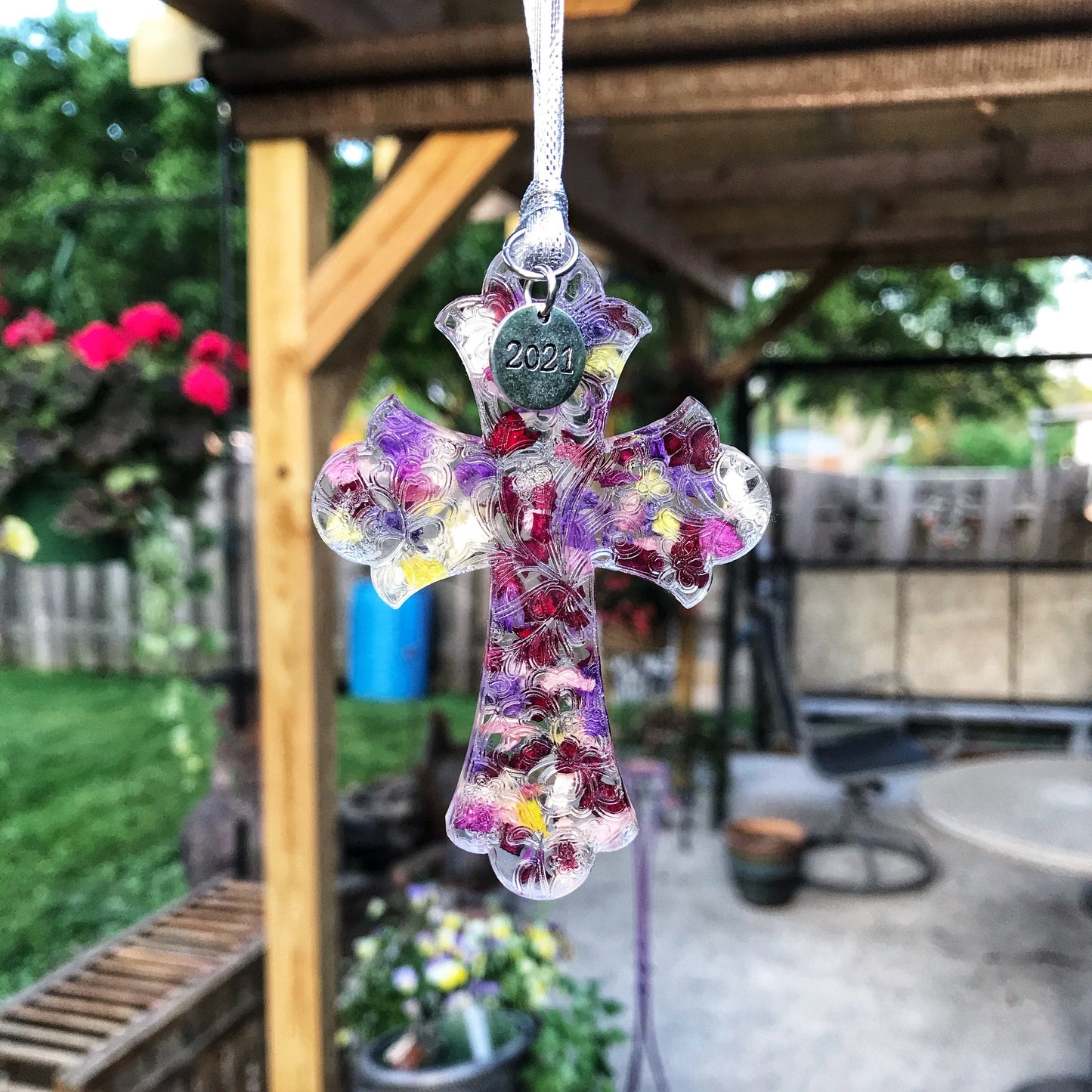 Memorial keepsake resin cross suncatcher with scrollwork, made from your flowers / 321