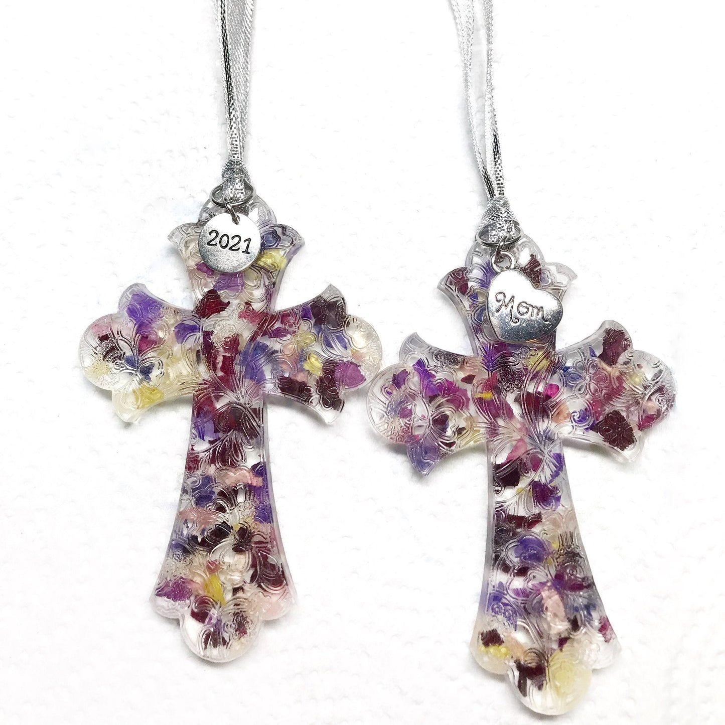 Memorial keepsake resin cross suncatcher with scrollwork, made from your flowers / 321