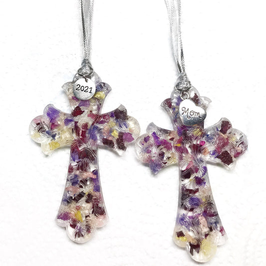 Memorial keepsake resin cross suncatcher with scrollwork, made from your flowers / 321