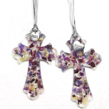Load image into Gallery viewer, Memorial keepsake resin cross suncatcher with scrollwork, made from your flowers / 321
