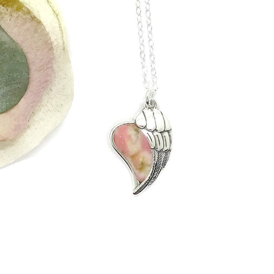 Angel Wing Heart Sterling Silver Necklace made from Funeral, Wedding Flowers, Cremation Ashes / 921