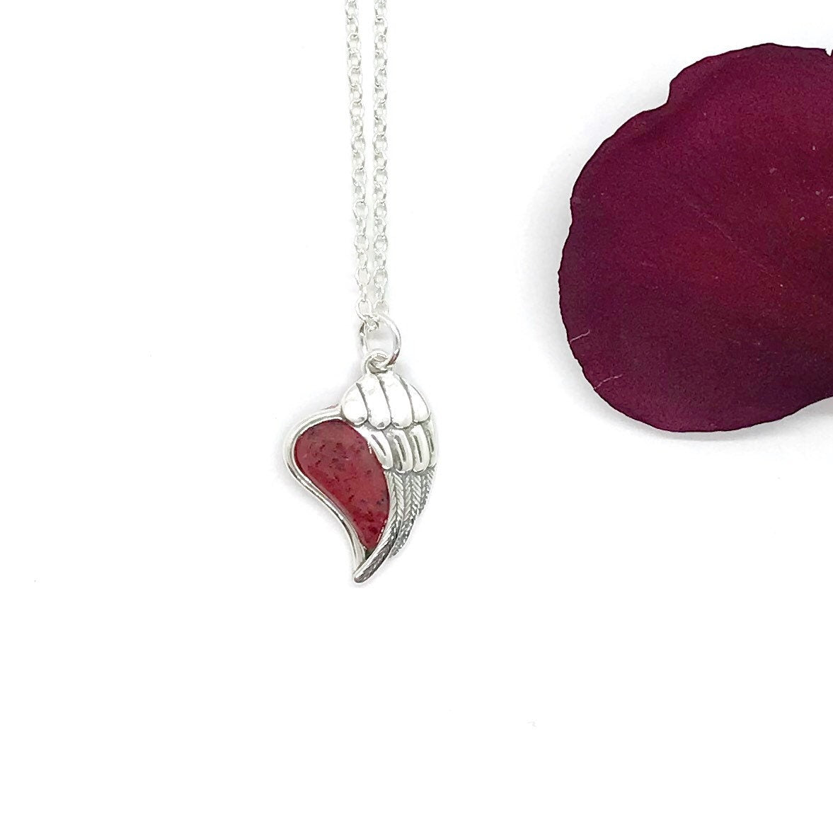 Angel Wing Heart Sterling Silver Necklace made from Funeral, Wedding Flowers, Cremation Ashes / 921