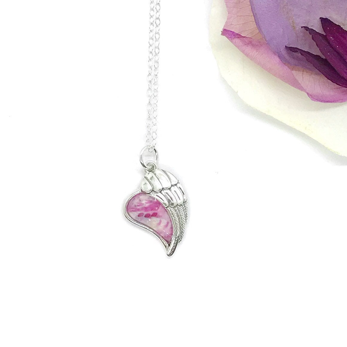 Angel Wing Heart Sterling Silver Necklace made from Funeral, Wedding Flowers, Cremation Ashes / 921