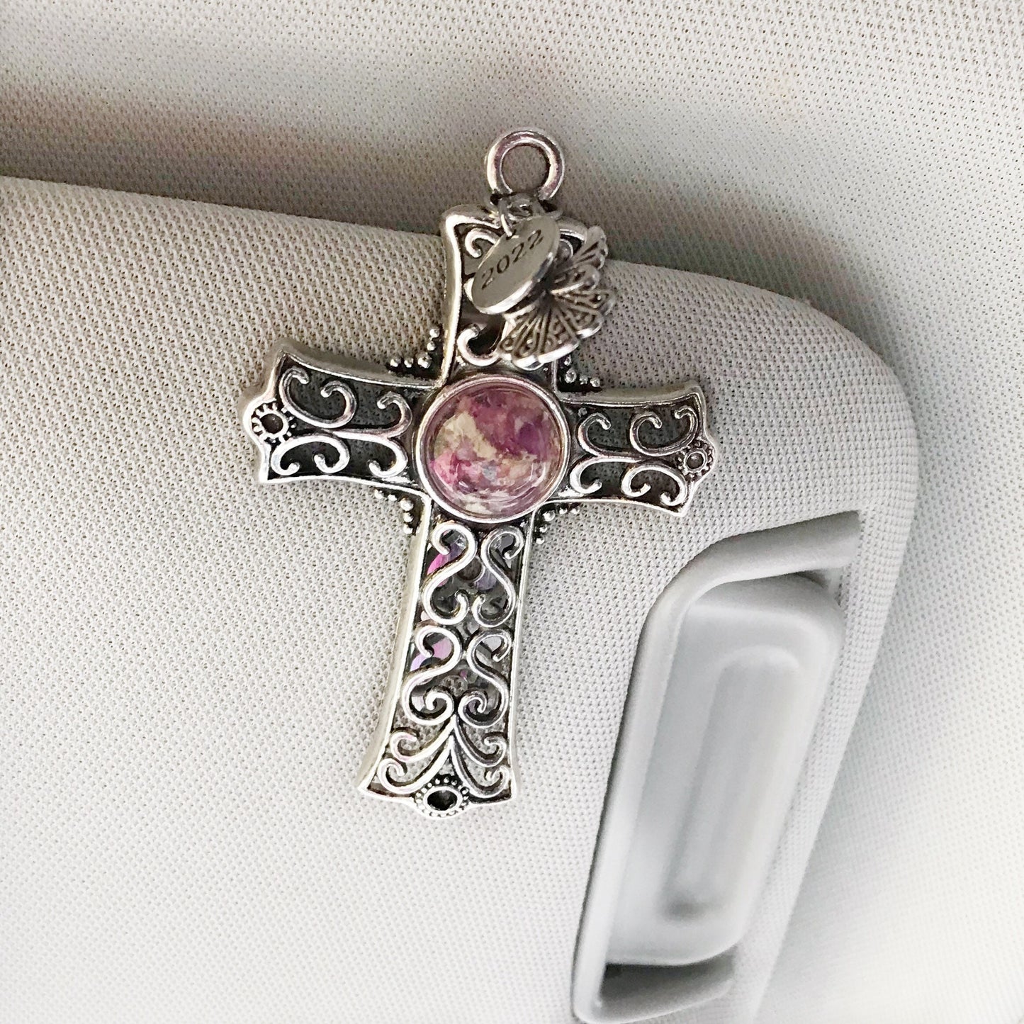 Silver Cross Car Visor Clip / Memorial Funeral Flower Keepsake / 522