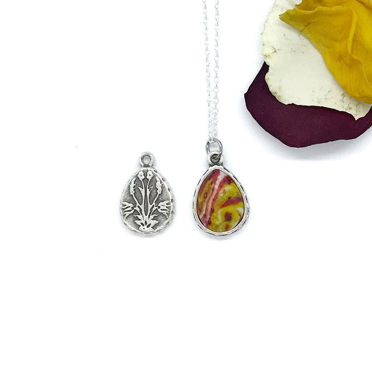 Antique Silver Teardrop Flower petal necklace with Intricate Floral Scrolled Detail / 222