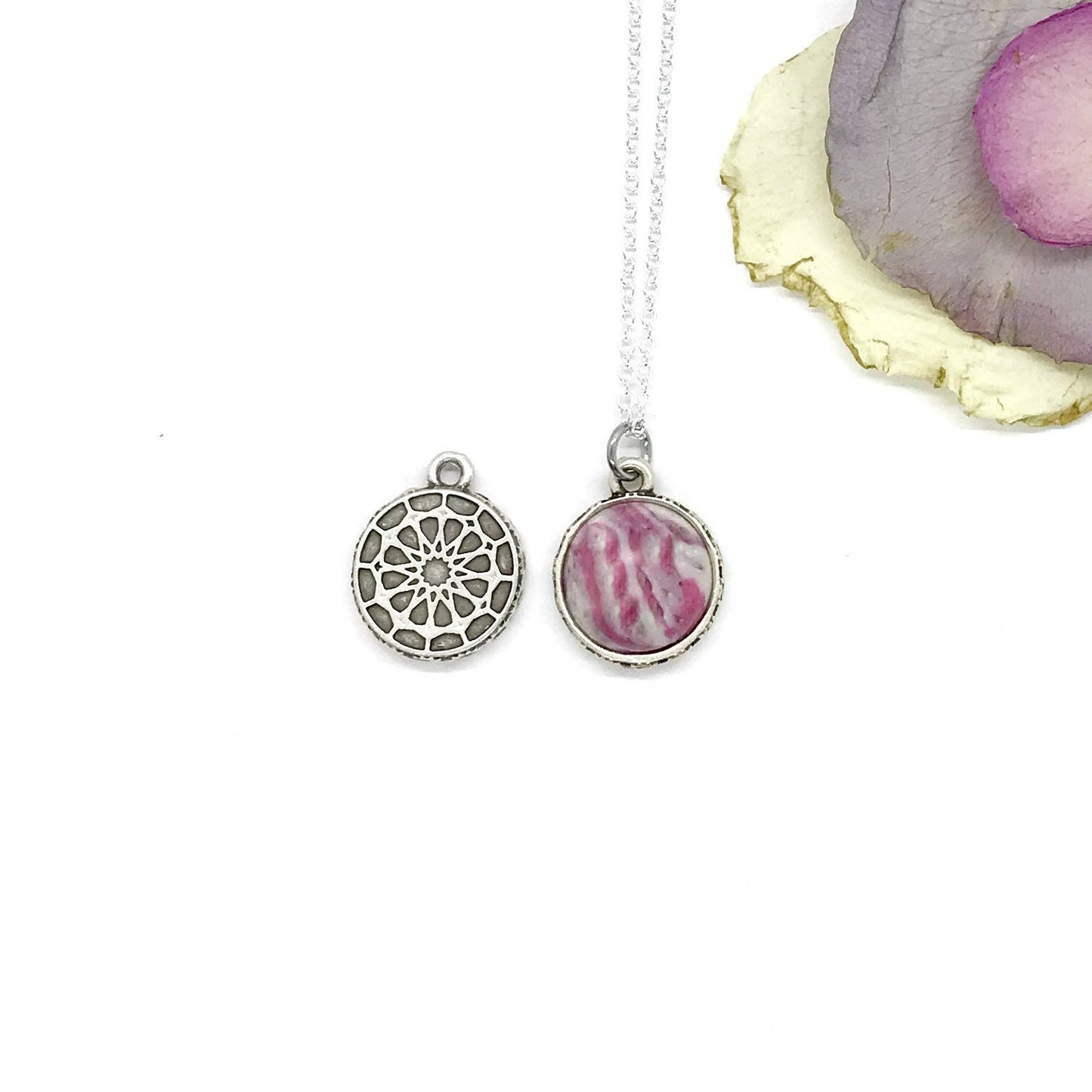 Antique Silver Round Flower petal neclace with Intricate Scrolled Mandela design/ 322