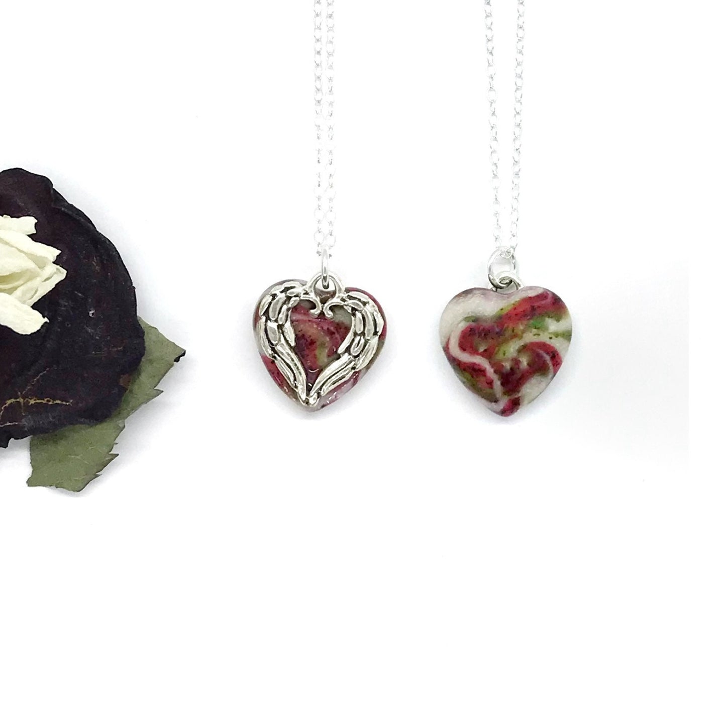 Memorial Flower Petal Reversible Angel Wings Heart Necklace made from funeral flowers, cremation ashes / 122
